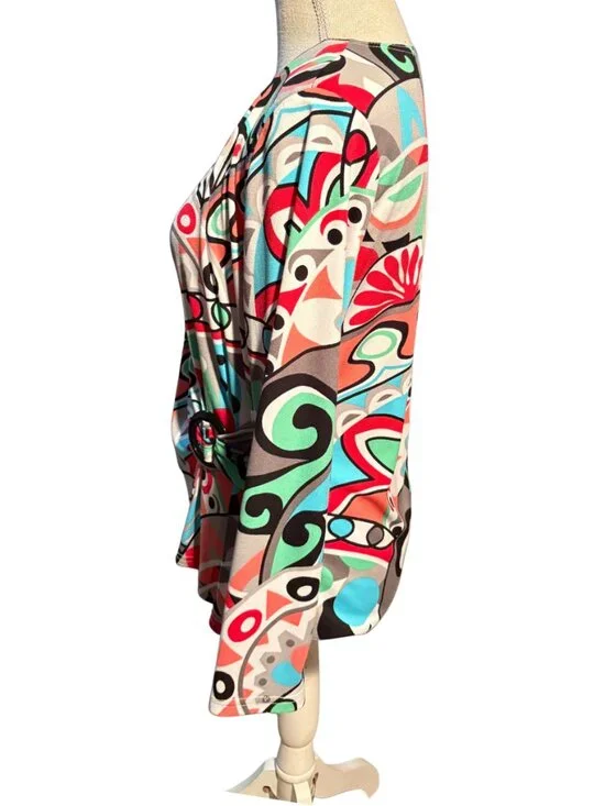 Savvy Studio Faux Wrap Top L Abstract Print Surplice Blouse 3/4 Sleeve Retro - Picture 5 of 7
